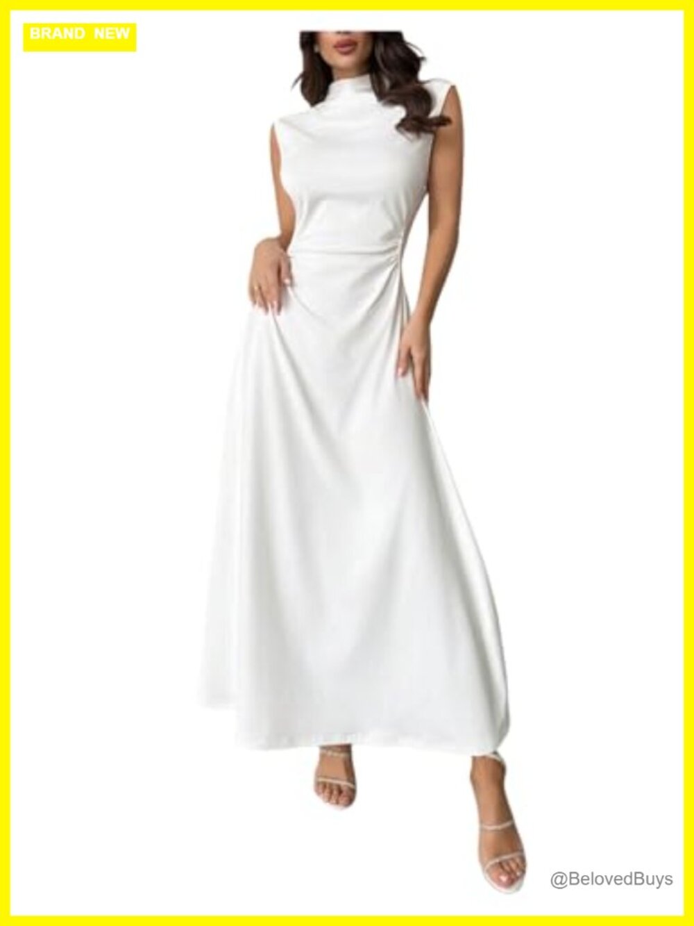 High Neck Ruched A-Line Formal Maxi Dress Sleeveless Cocktail